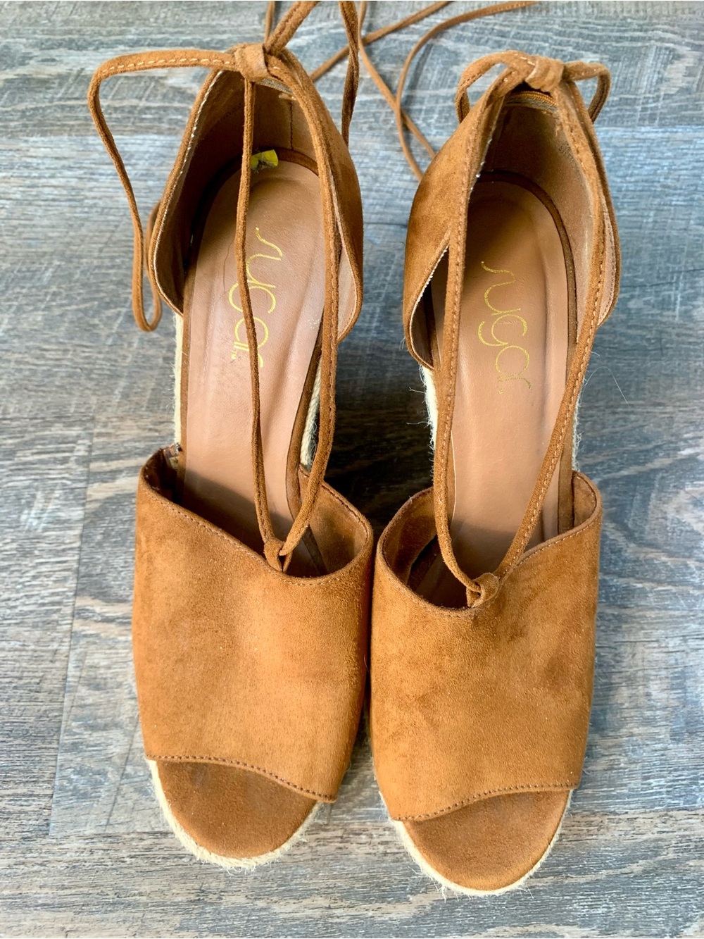Sugar Faux Suede Boho Chic Lace-Up Wedge Sandals in Brown with Raffia Wedges